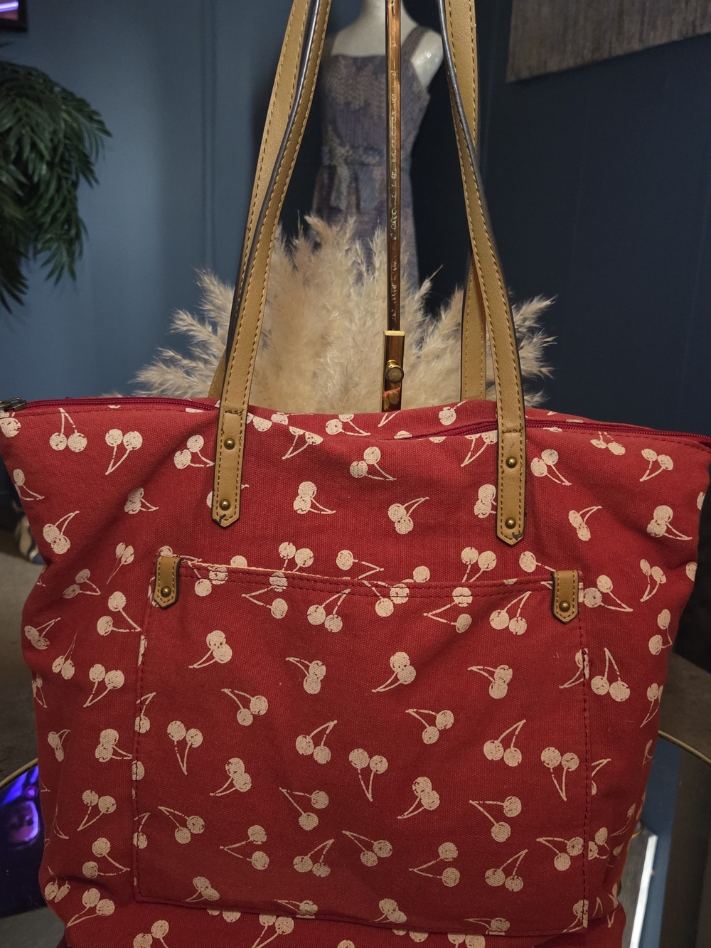 Sonoma Cherry Print Canvas Tote Bag Red Cream Large Everyday Shoulder Tote - Picture 14 of 15